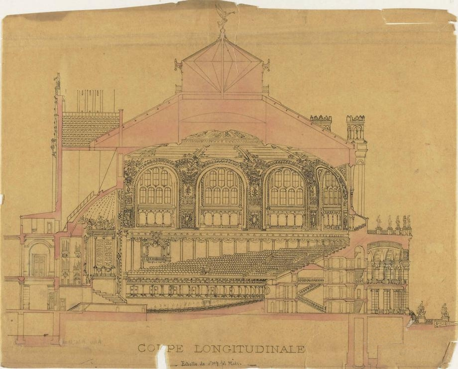1878 : coupe de la salle des fêtes du Trocadéro, avec l’orgue